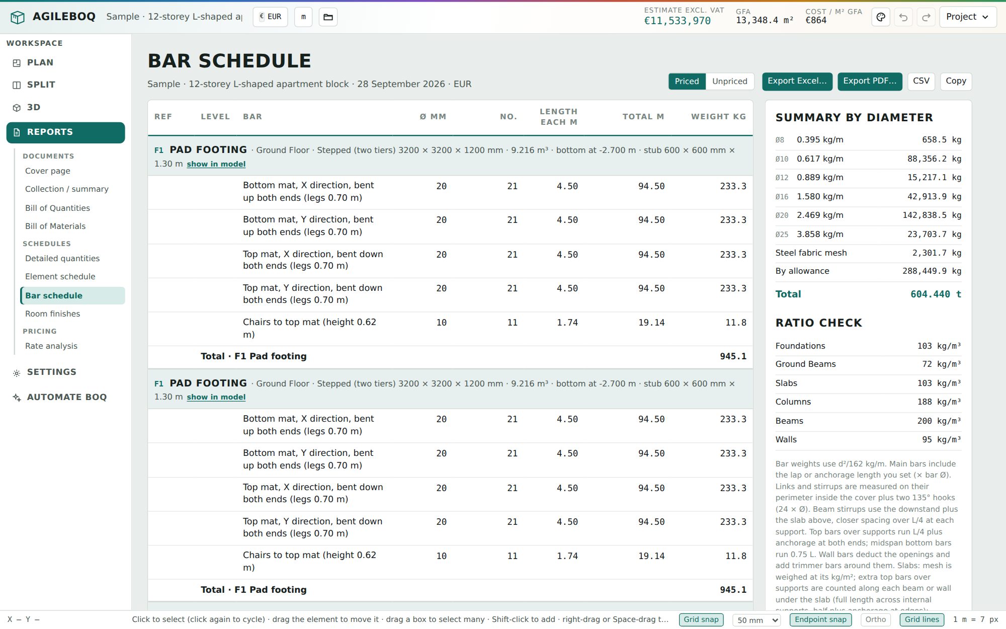 Bar schedule with bar marks, lengths and weights