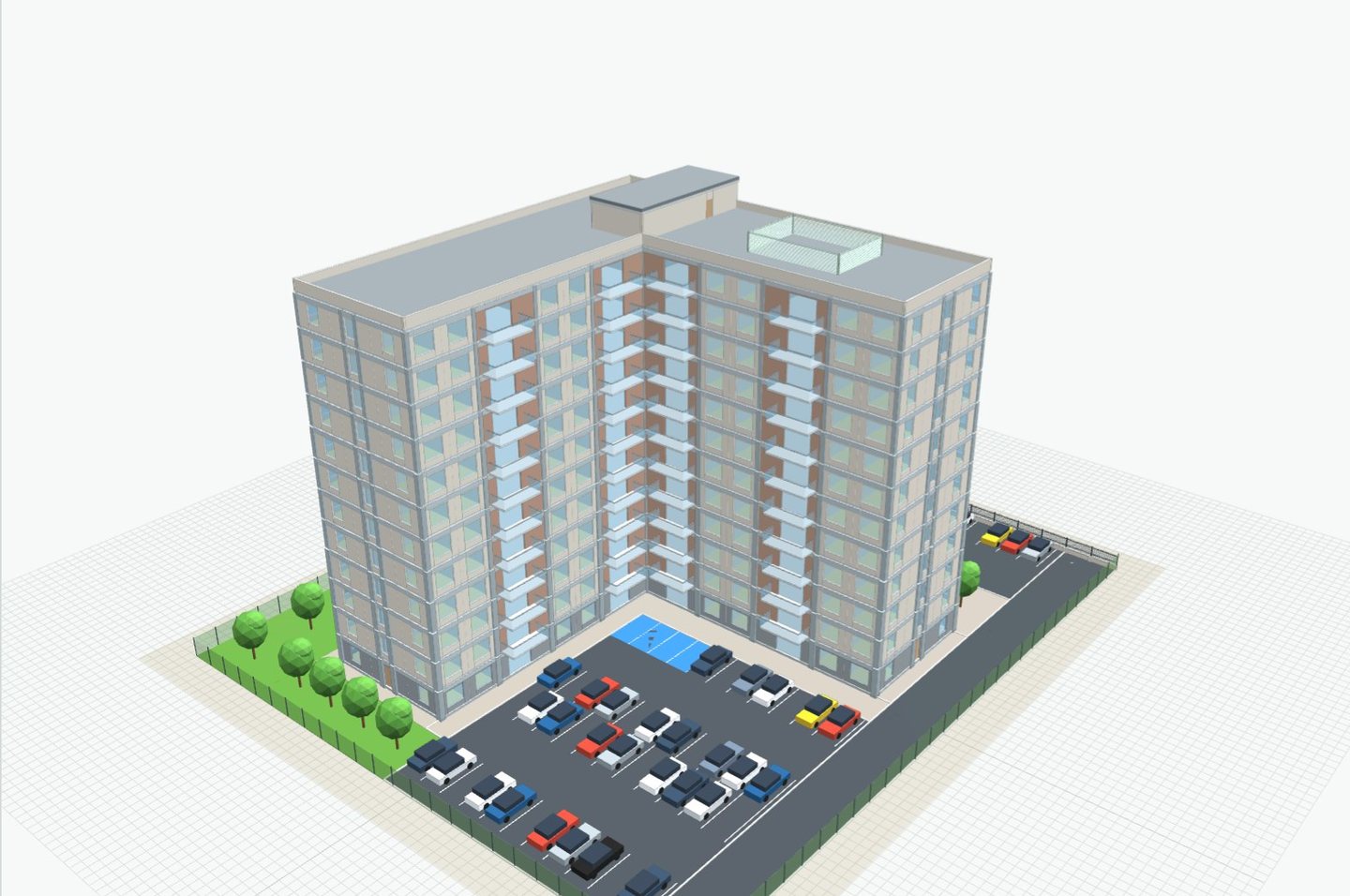 Aerial view of the courtyard car park behind the block