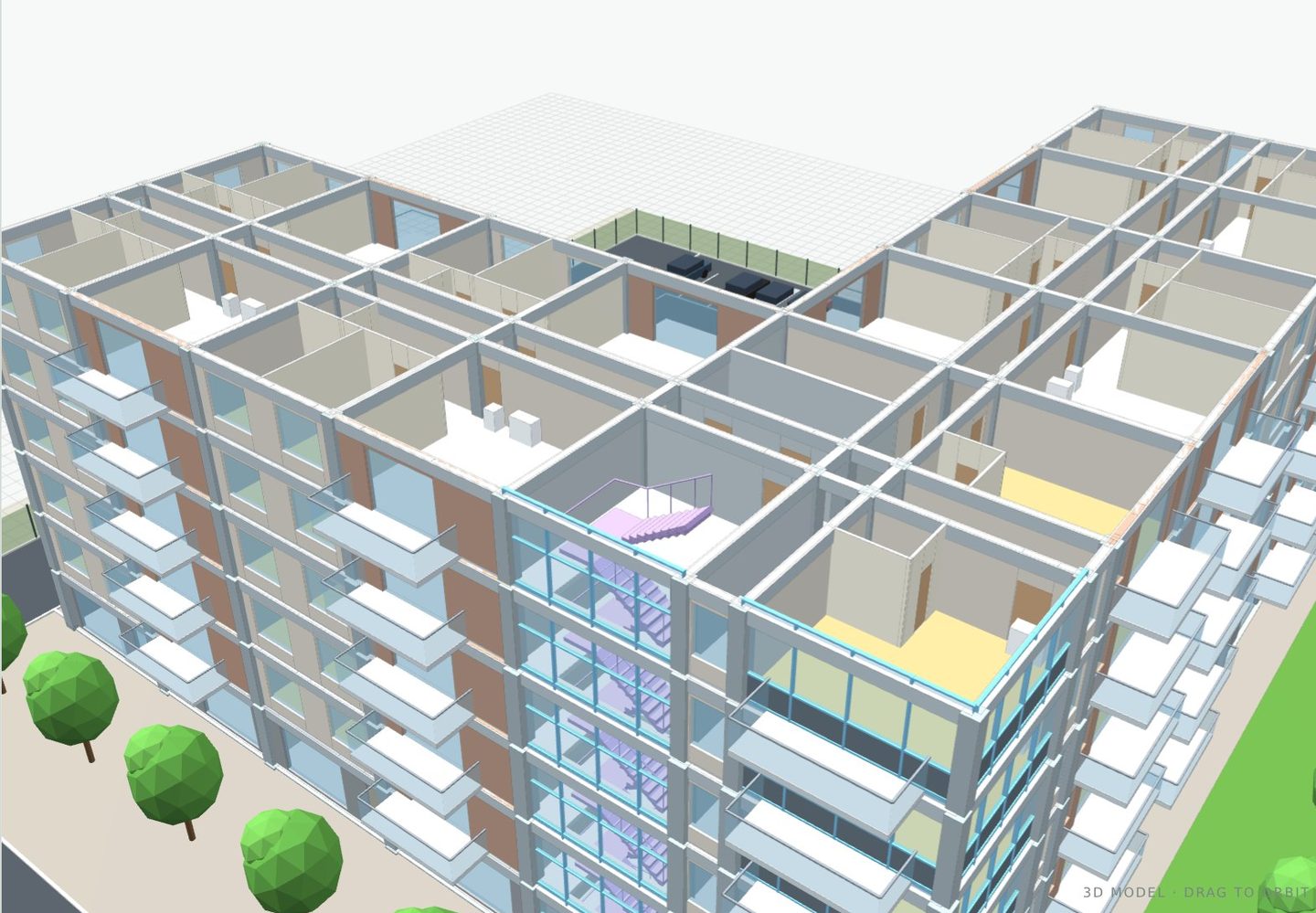Cut-away 3D view at level 5 showing flats, rooms, bathrooms and the stair