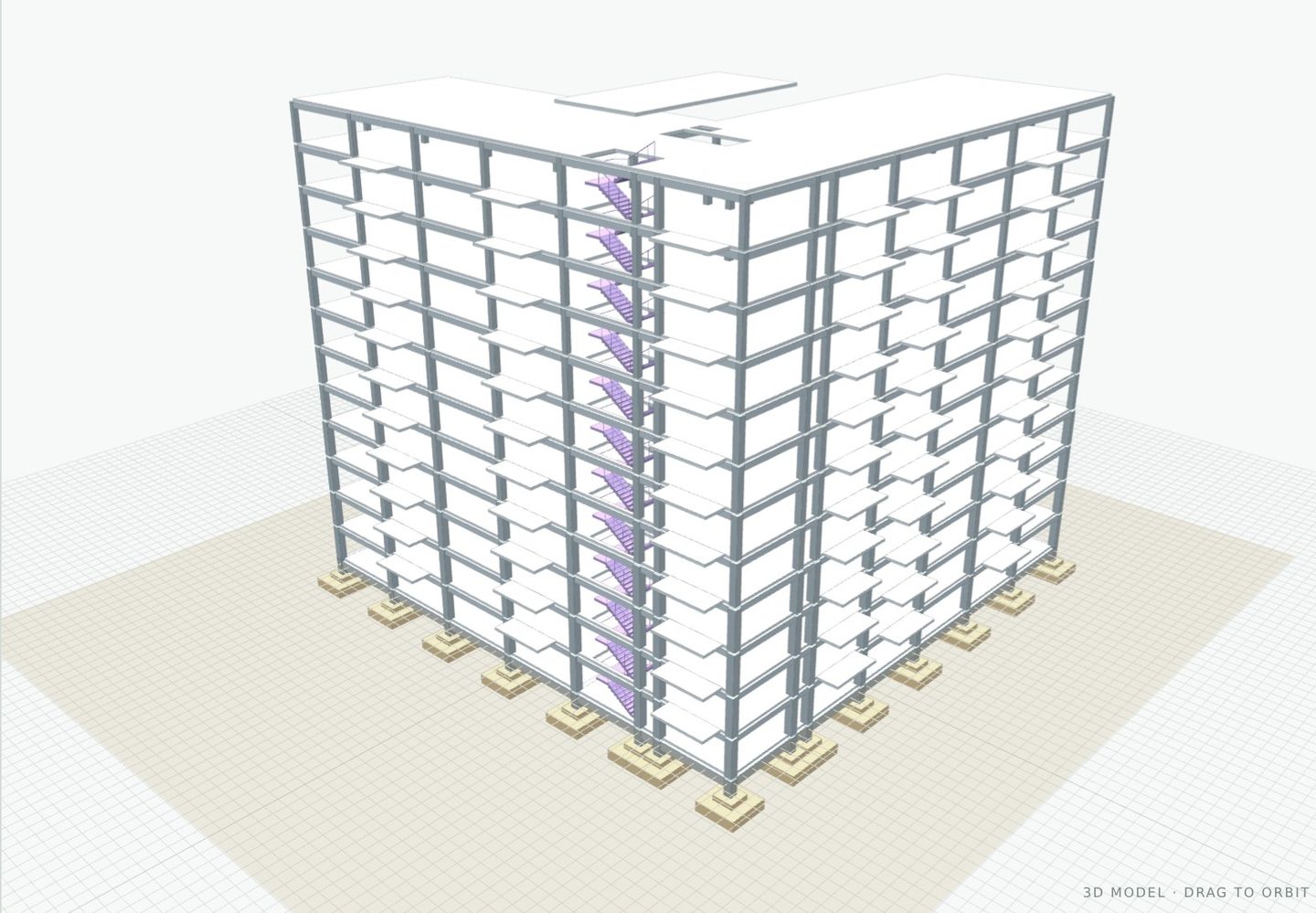 Structural frame only: columns, beams, slabs and stairs