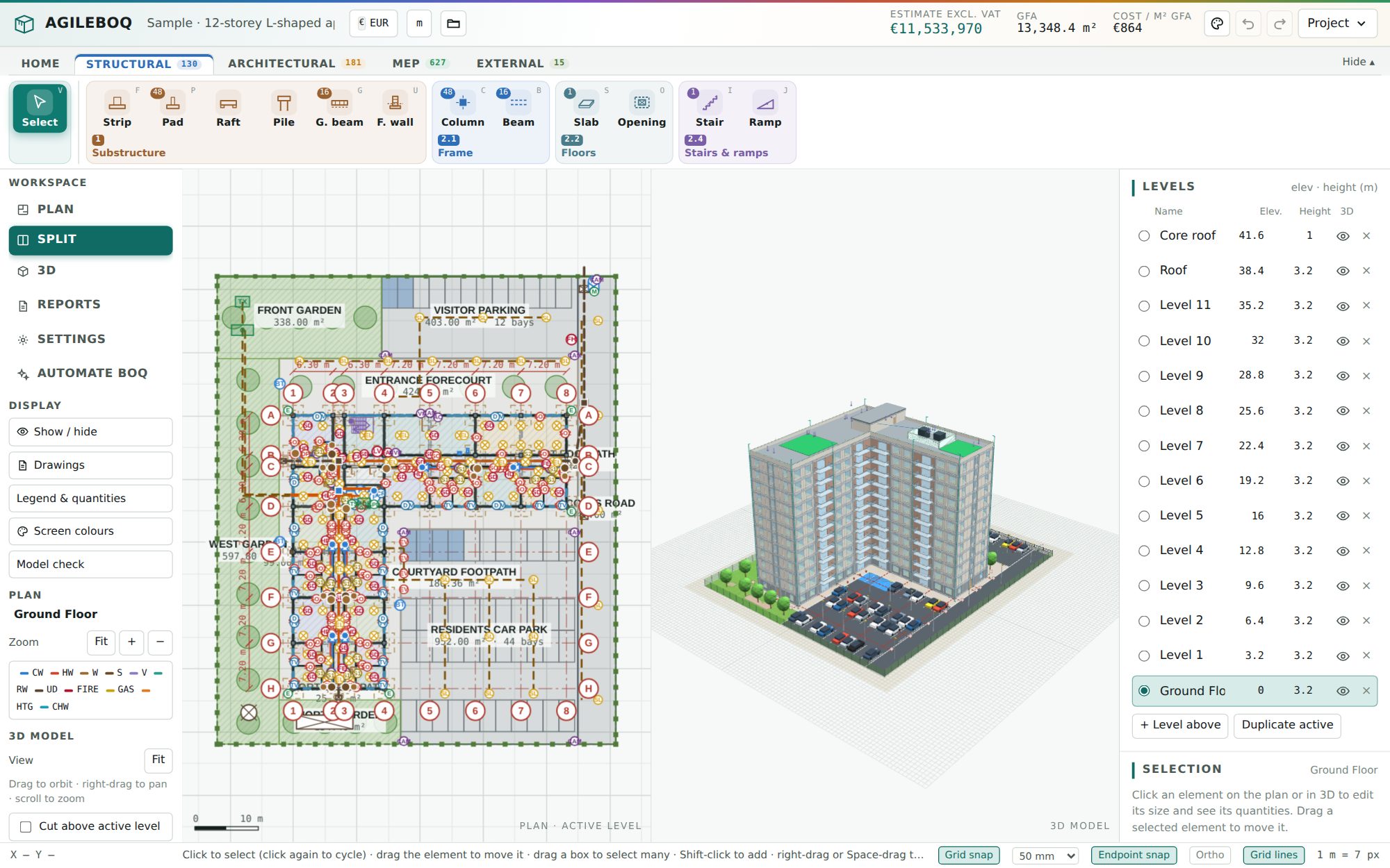 AgileBOQ split view: the ground-floor site plan of a 12-storey apartment block next to its live 3D model