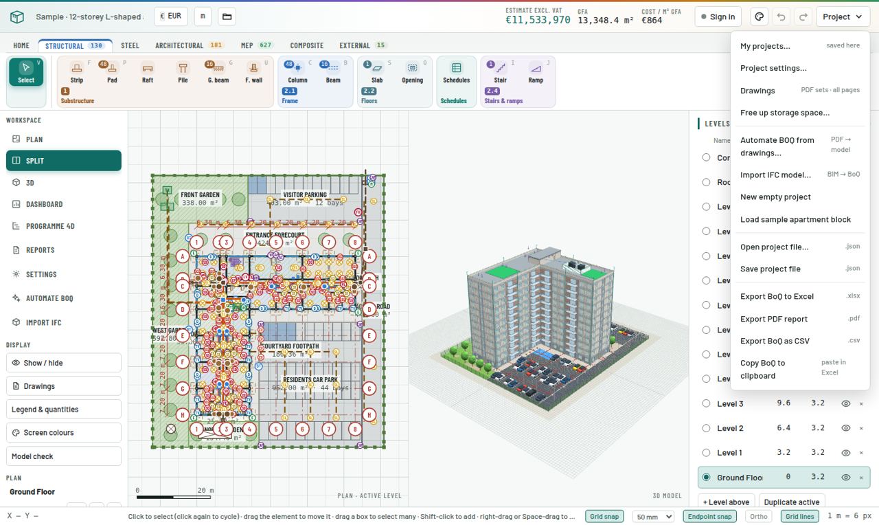 The Project menu with My projects, Project settings, Drawings, Automate BOQ, Import IFC, New empty project, sample, open and save, and exports.