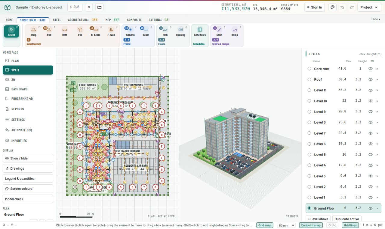 Split view of the sample 12-storey apartment block: ribbon at the top, workspace menu on the left, plan and 3D in the middle, levels and properties on the right.