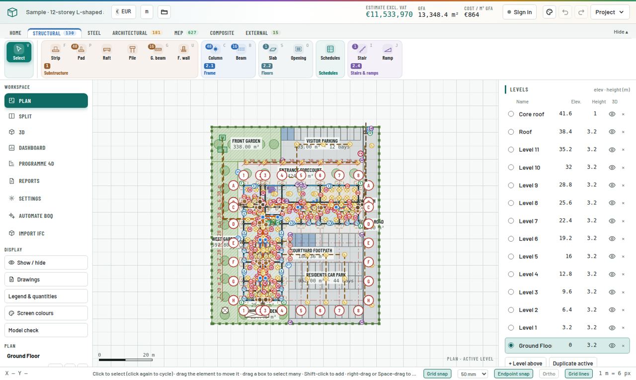 Plan view with snaps, grid lines and the tool hint in the status bar.