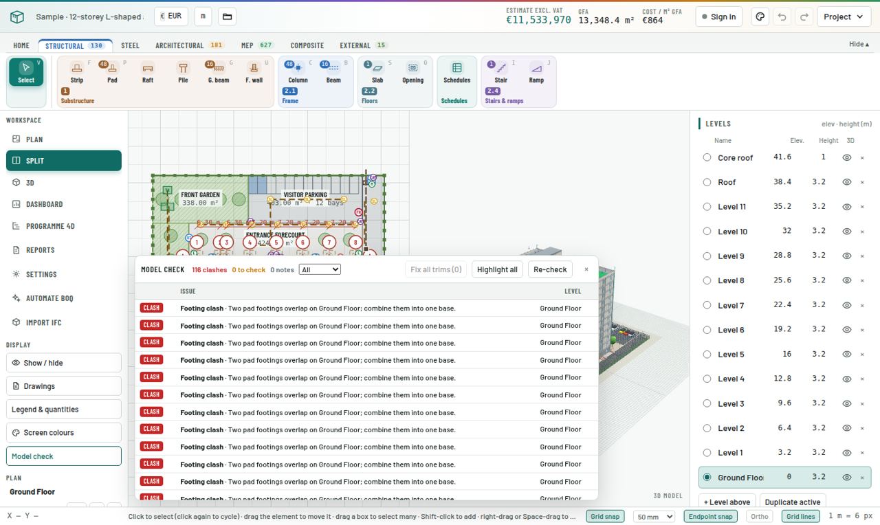 Model check listing clashes, overshooting walls and unsupported elements, each with its level.