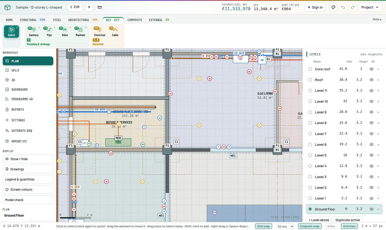 The MEP tab with Sanitary, Pipe, Valve, Manhole, Electrical and Cable tools, over a sample floor with pipe runs and electrical points.