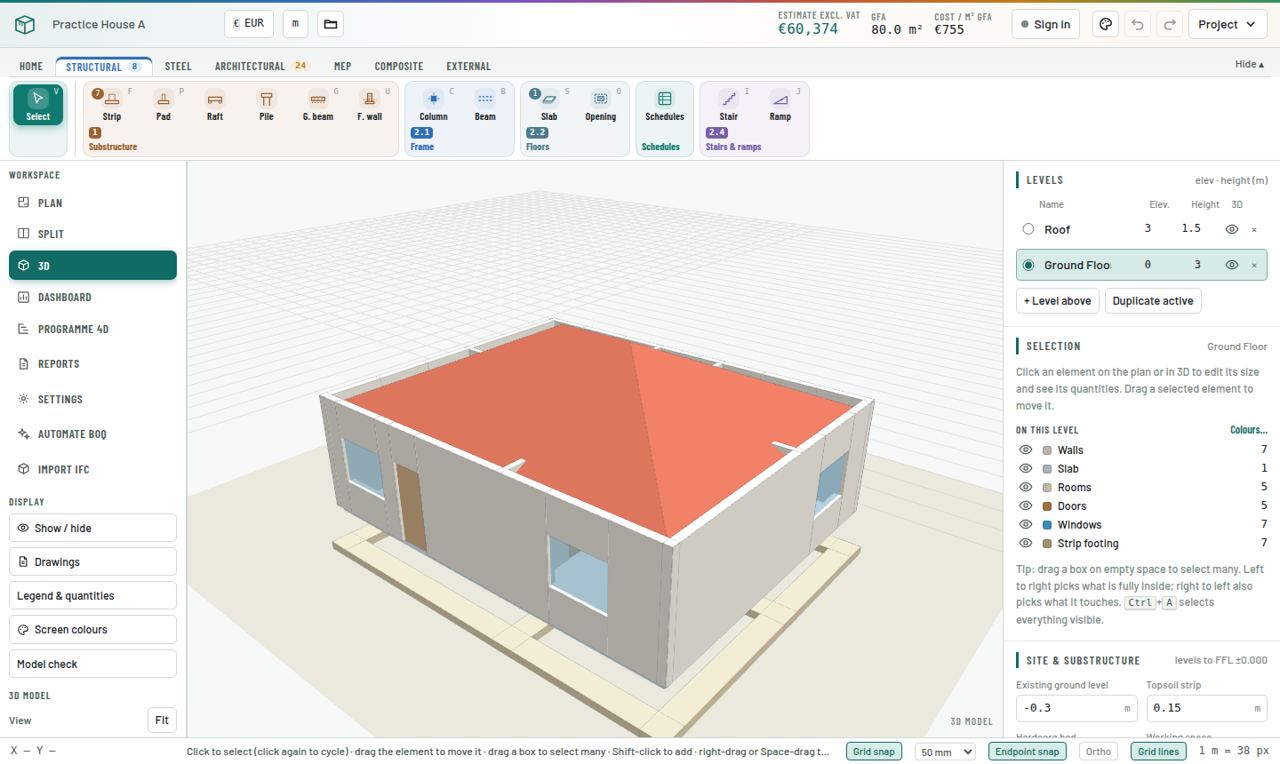Practice House A in 3D: walls with openings, strip footings and the hipped roof.