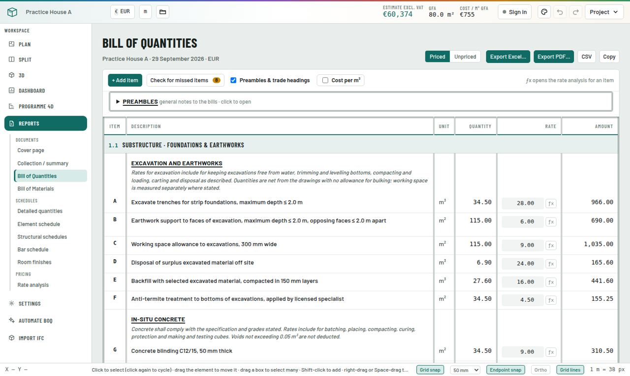 The Bill of Quantities generated from a model. Automated and imported elements are measured in exactly the same way as drawn ones.