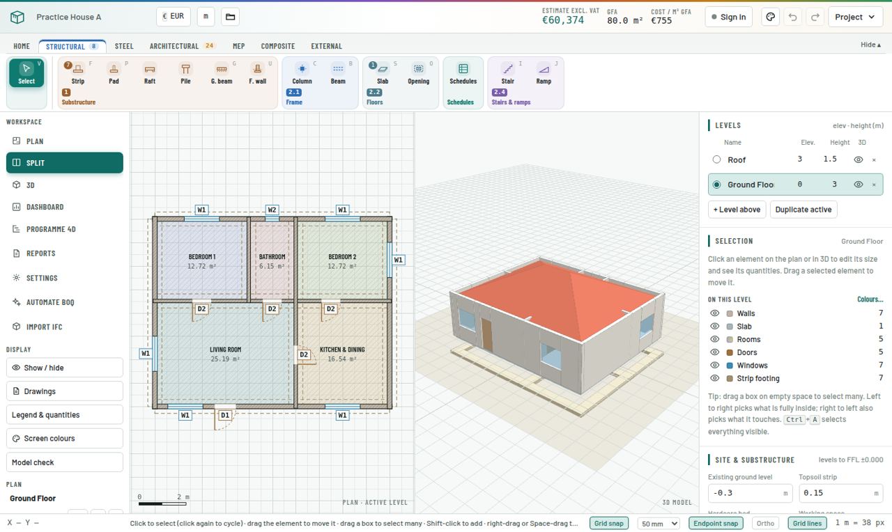 The practice house traced over its drawing, shown on plan and in 3D.