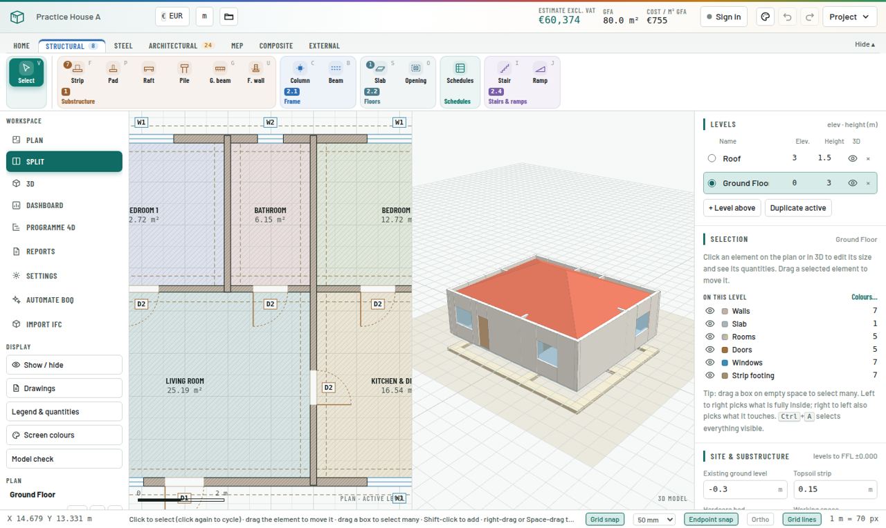 The Structural tab with the Substructure tools (Strip, Pad, Raft, Pile, G. beam, F. wall), and Practice House A with its strip footings in 3D.
