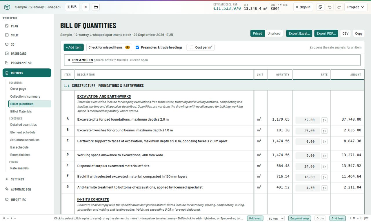 Bill of Quantities to NRM with preambles, trade headings, items, units, quantities, rates and amounts.