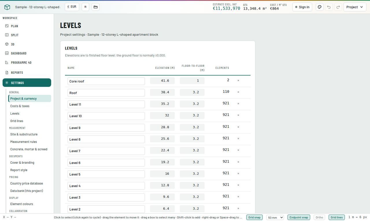 Settings → Levels with each floor, its elevation and floor-to-floor height.